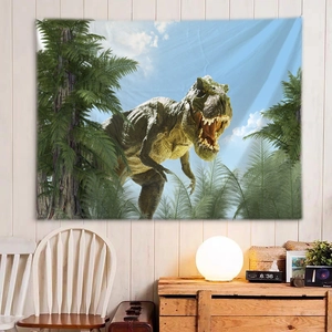 Dettaglio di un arazzo da parete con dinosauro in camera da letto con foresta naturale