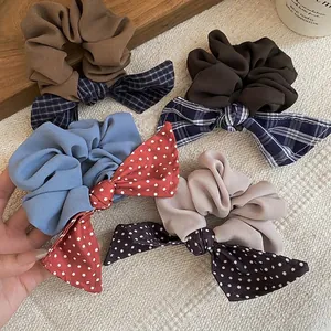 Elegant Korean bow scrunchies set with checkered and polka dot patterns in neutral colors