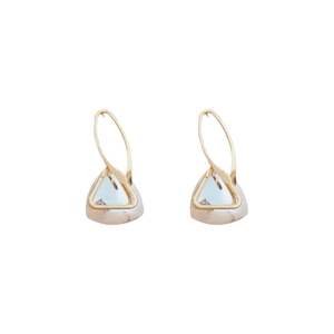 Minimalist gold hollow triangle earrings with clear light blue crystal pendants
