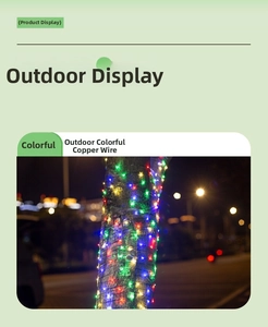 Close-up of flexible copper wire LED string lights wrapped around a tree trunk at night