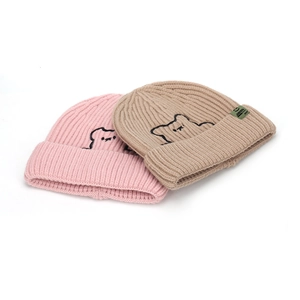 Pink and khaki warm knitted beanies featuring cute bear embroidery and ribbed texture