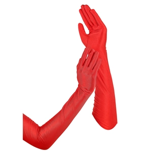 Close-up of elegant long red satin gloves for formal evening party and ballroom events