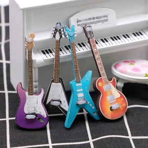 Miniature electric guitar and white piano model set for dollhouse scene decoration