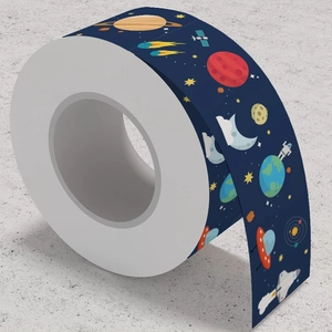 Roll of space theme stickers featuring planets and astronauts on deep blue background