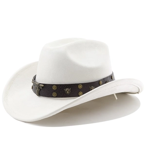 Detail of white western cowboy hat featuring leather band with brass bull head studs
