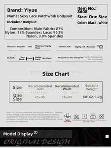 Detailed size guide and material composition chart for lace lingerie bodysuit