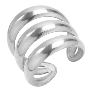Macro detail of high-polish silver stainless steel ring with triple curved band design