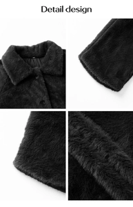 Detailed four-grid view showing collar, cuffs, hem and faux fur texture of black cardigan