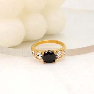 Luxury gold stainless steel ring with round black stone and square clear zircon accents