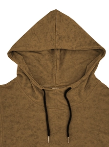 Close-up of earth brown hooded vest with washed texture, black drawstrings, and metal tips