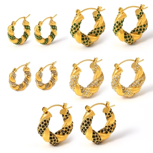 U-shaped gold titanium earrings with colorful zircon stones in twisted rope design