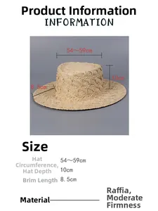 Detailed texture of natural raffia flat top boater hat with 8.5cm wide brim dimension