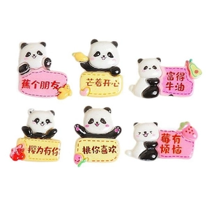Set of 6 cute resin panda charms with fruit-themed pun signs for DIY crafts and accessories