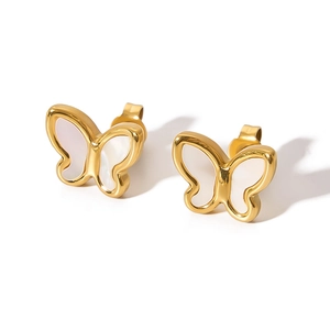 Elegant 18K gold plated stainless steel butterfly stud earrings with white shell inlay