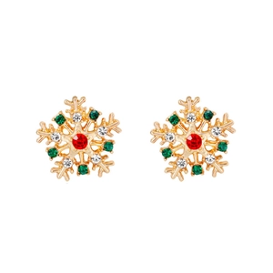 Golden snowflake stud earrings with red and green crystals for Christmas festival