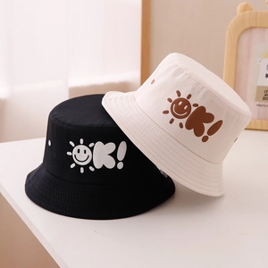 Cappello da pescatore per bambini con stampa sole sorridente nero e beige unisex