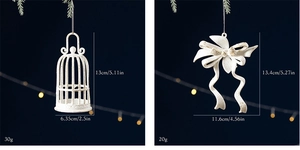 Detail view of white birdcage and bow Christmas ornaments with elegant matte frosted finish
