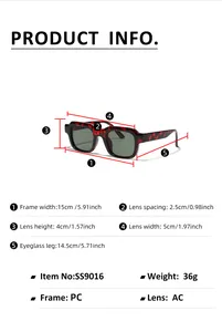 Detailed size specifications for square frame Y2K sunglasses with PC frame and AC lens