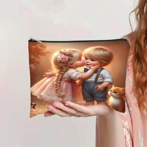 Detail van canvas make-uptas met cartoonprint en rits vastgehouden met de hand