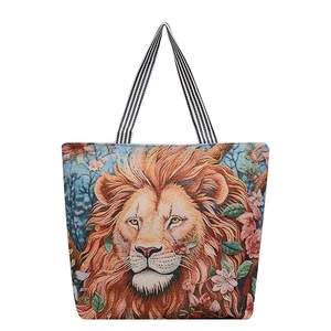 Ethnic style canvas tote bag featuring a 3D embroidered lion and floral pattern on white background