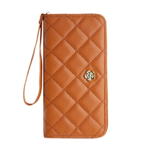 Caramel quilted wristlet wallet for women featuring a golden flower clasp and zipper