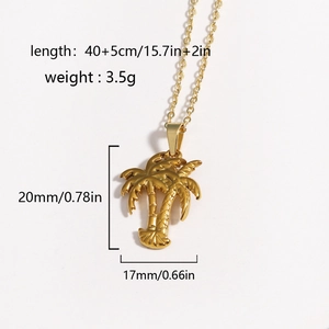 Golden coconut tree pendant necklace made of titanium steel with size and weight specs