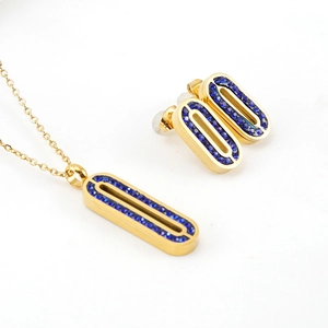 Parure de bijoux en acier doré 18 carats avec pierres bleues collier et boucles d'oreilles