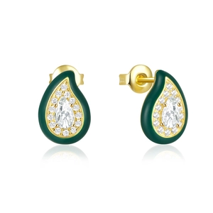 Macro view of teardrop gold stud earrings with green enamel and pear-cut center diamond