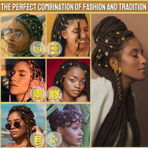 Close-up of 309pcs gold dreadlock accessories including hollow hair rings and shell charms