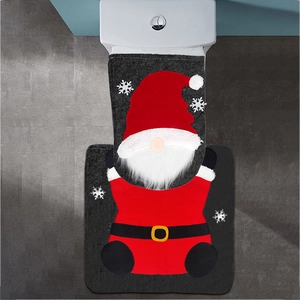 Set Copriwater Gnomo di Natale E Tappetino a Forma di U Rosso Grigio Fantasia Fiocchi di Neve Decorazione Bagno Vacanze Casa