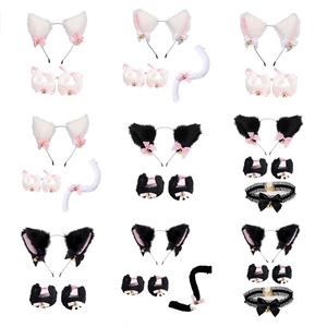 Cat ear cosplay set with lace headband, bell wristbands, plush tail and collar accessories