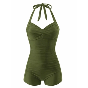 Olive green halter neck one-piece swimsuit with ruched slimming waist and boyshort bottom