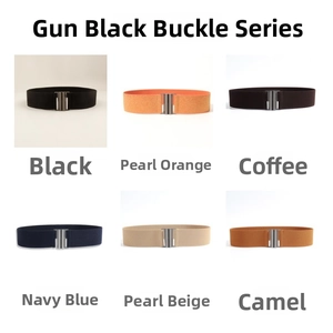 Detailed grid view of six elastic waist belts with various colors and gunmetal buckles