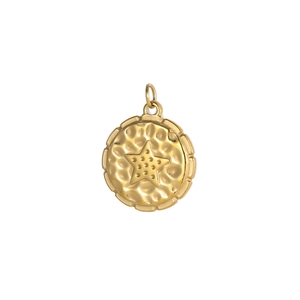 Detail of gold pendant featuring a textured surface with an embossed star motif