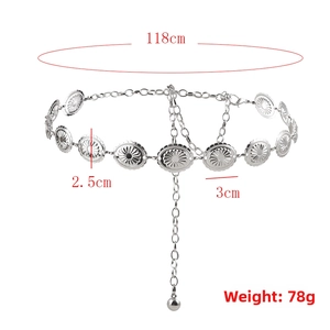 Detailed size chart of vintage floral metal body chain showing 118cm length and 78g weight