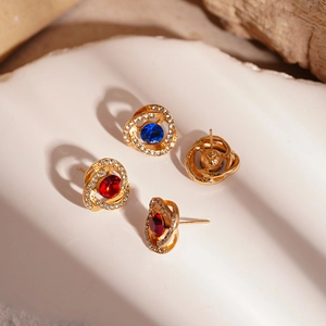 Vintage small floral earring set with diamonds and colored gems on stone base