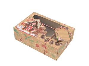 Detail of Christmas kraft paper cookie box with transparent window and gingerbread design