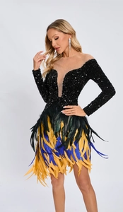 Detailed view of sequin stitching and vibrant gradient feather trim on a luxury dress