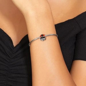 925 silver snake chain bracelet with orange and black football helmet skull bead charm