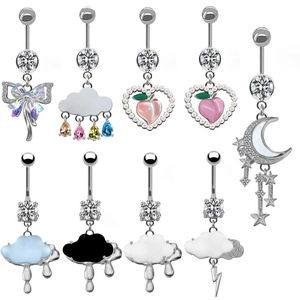 Aesthetic Belly Rings Zinc Alloy Cubic Zirconia Peach Heart Artificial Pearl Cloud Dangle Navel Piercing Jewelry Women