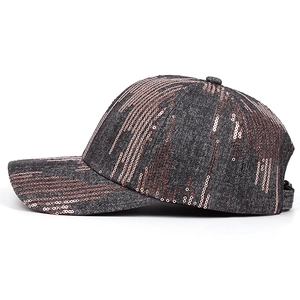 Dark grey denim baseball cap with rose gold sequins stripes and adjustable strap back