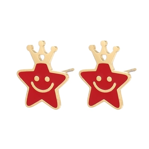 Boucles d'oreilles étoile et couronne de Noël en acier plaqué or avec émail rouge