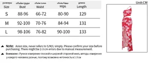 Detailed size chart for the printed maxi dress with bust, waist, and length measurements