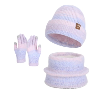 Winter knit 3-piece set with pink gradient beanie, fleece neck warmer, and touch gloves