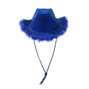 Close-up of royal blue cowboy hat featuring dense feather trim and adjustable wind cord