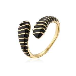 Macro detail of 18K gold-plated open ring with black enamel stripes on white background