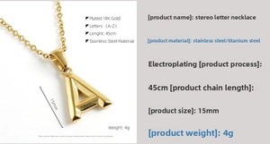 Macro shot of 18K gold plated stainless steel 3D letter A pendant with 45cm chain