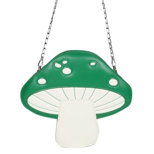 Creative green mushroom shaped PU leather crossbody bag with silver metal chain strap