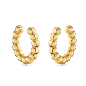 Polished gold beaded C-shaped cuff earrings with a glossy spherical texture