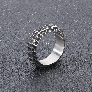 Octagonal stainless steel men's ring with hammered texture in silver finish